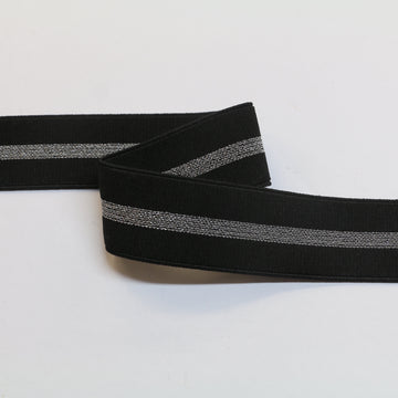 Metallic Fancy Elastic (35mm/ 1 1/4") - Black/Metallic Silver Stripe