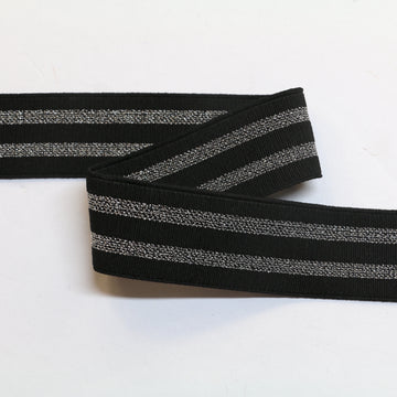 Metallic Fancy Elastic (35mm/ 1 1/4") - Black/Metallic Silver Stripes
