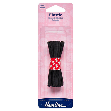 Hemline Braided Elastic 3mm x 5 metres - Black
